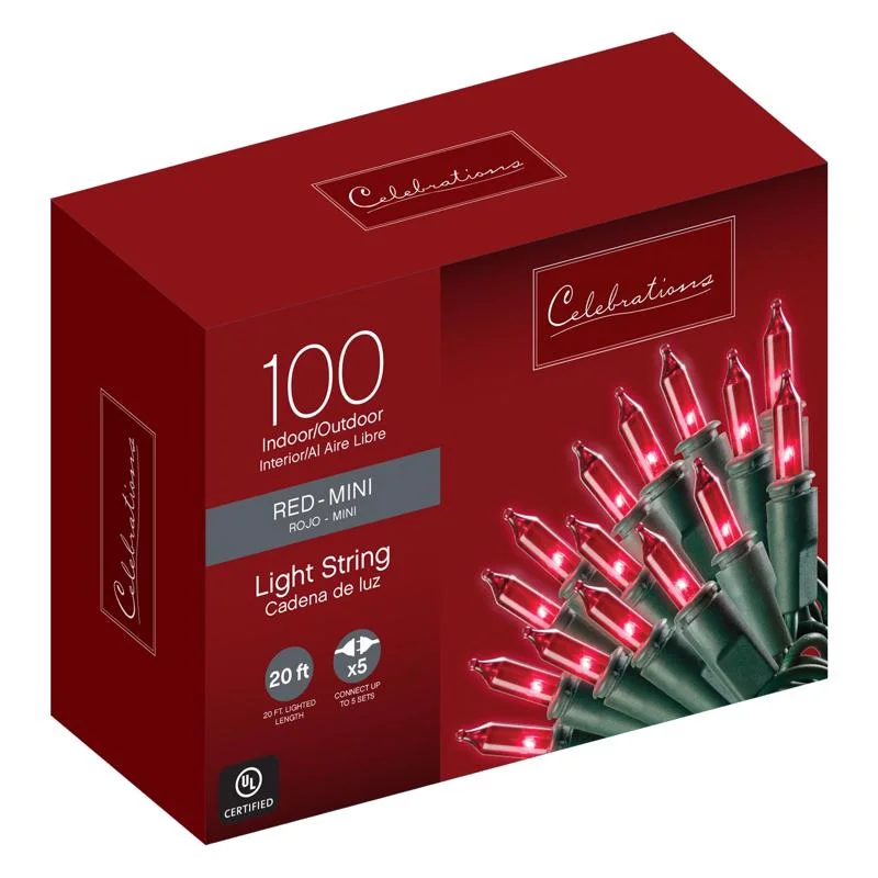Christmas Festive Wonderland Celebrations Red Incandescent Mini Red 100 ct String Christmas Lights 20 ft.
