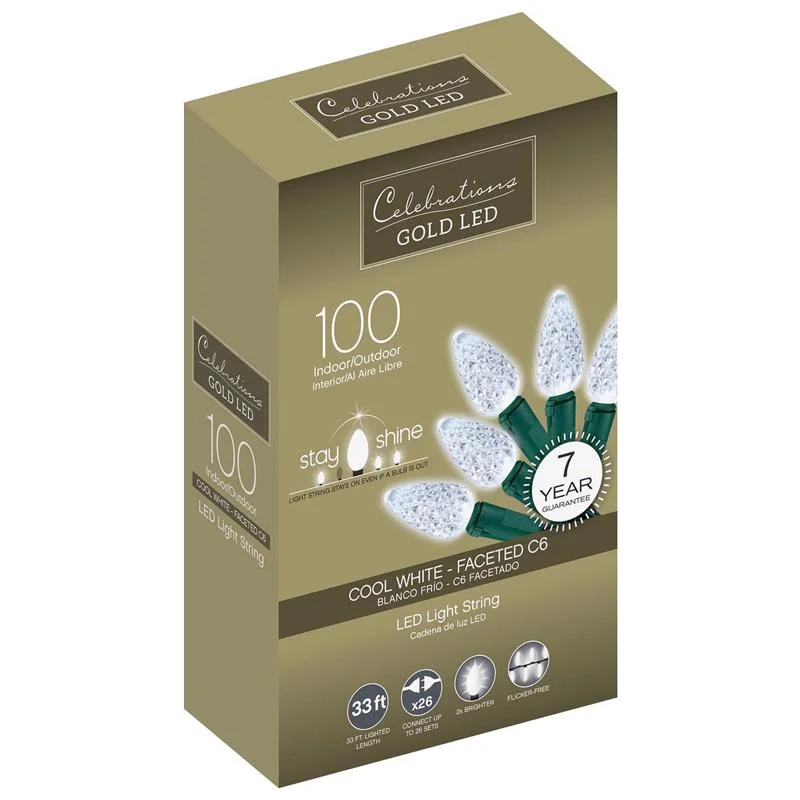 Christmas Family Traditions Celebrations Gold LED C6 Cool White 100 ct String Christmas Lights 33 ft.