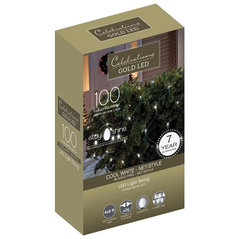 Christmas Glowing Christmas Stars Celebrations Gold LED Mini Cool White 100 ct Net Christmas Lights 6 ft.