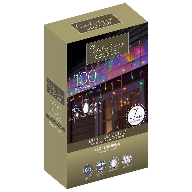 Holiday Fun Celebrations Gold LED Mini Multicolored 100 ct Icicle Christmas Lights 6 ft.