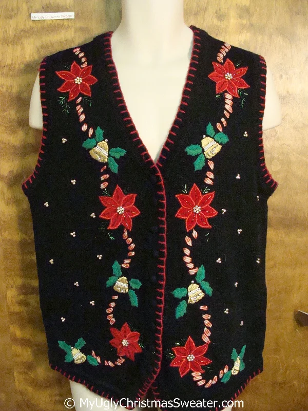 Christmas Cozy Holiday Magic Cheap Black and Red Poinsettias Christmas Sweater Vest
