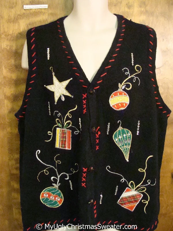 Christmas Twinkling Festive Lights Cheap Black Christmas Sweater Vest with Ornaments