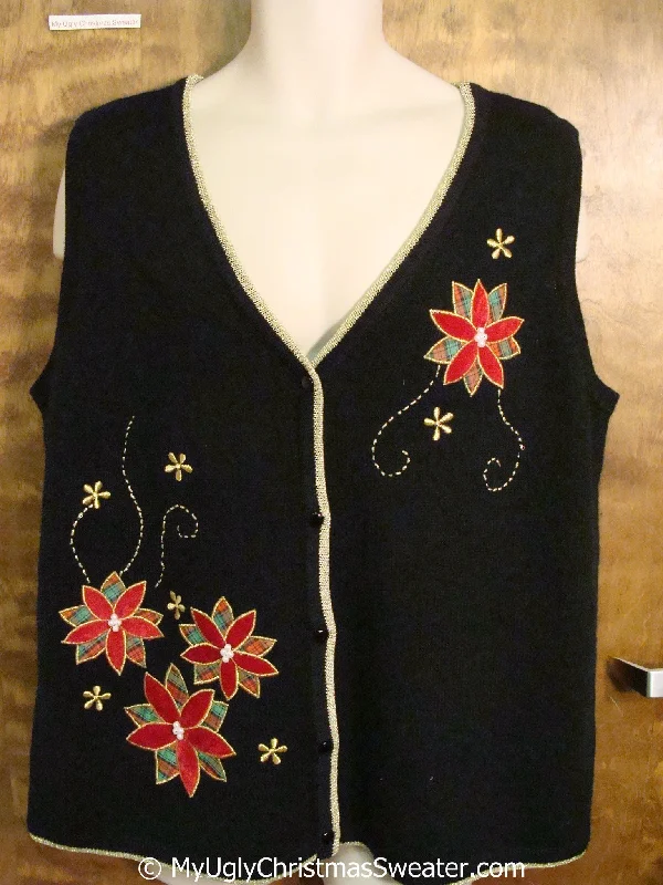 Christmas Spirit Cheap Black Christmas Sweater Vest with Poinsettias