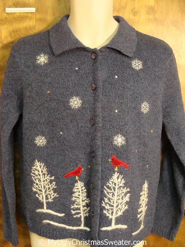 Christmas Magical Holiday Atmosphere Cheap Blue Ugly Christmas Sweater with Red Cardinal Birds Christmas Magical Holiday Atmosphere Cheap Blue Ugly Christmas Sweater with Red Cardinal Birds
