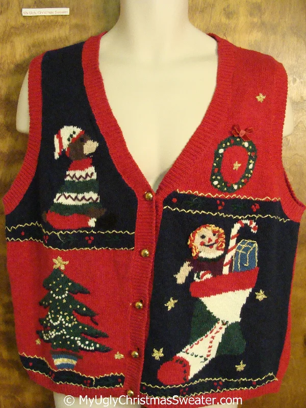 Christmas Family Time Cheap Christmas Sweater Vest with Bear and Raggedy Ann