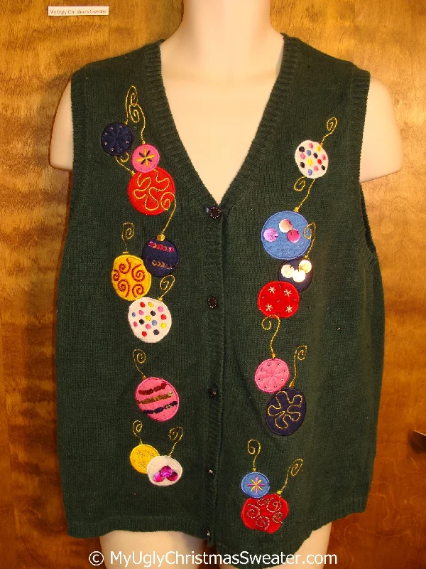 Holiday Lights Cheap Green Christmas Sweater Vest with Ornaments