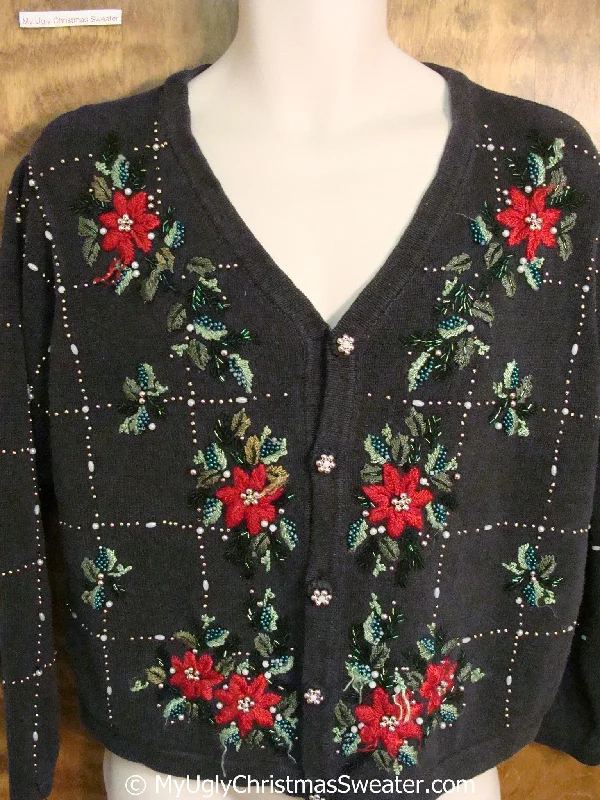Christmas Cozy Indoor Fireplace Cheap Horrible Black and Red Ugly Christmas Sweater with Poinsettias Christmas Cozy Indoor Fireplace Cheap Horrible Black and Red Ugly Christmas Sweater with Poinsettias