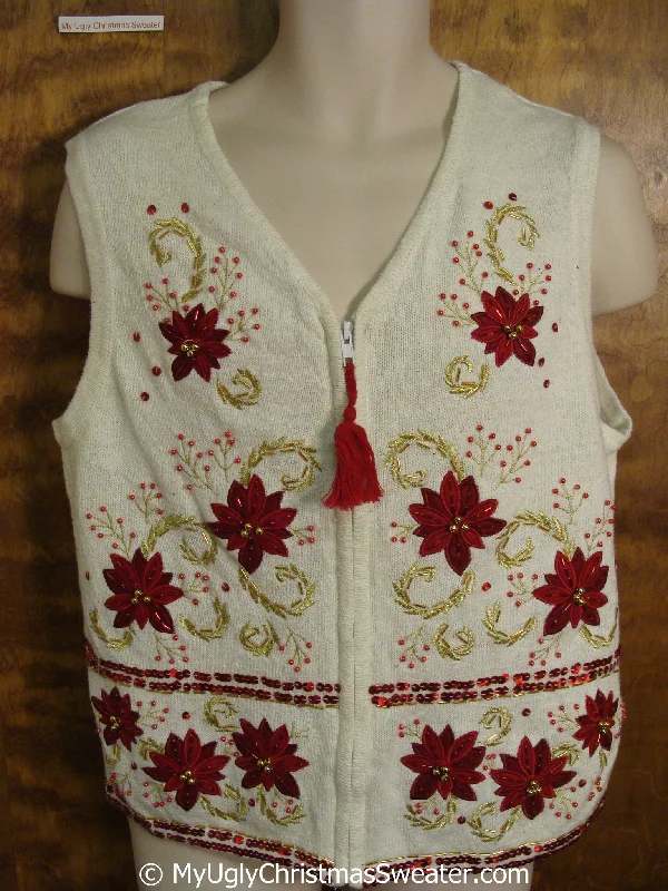 Christmas Family Holiday Movie Night Cheap Poinsettias with Tassle Trim Christmas Sweater Vest Christmas Family Holiday Movie Night Cheap Poinsettias with Tassle Trim Christmas Sweater Vest