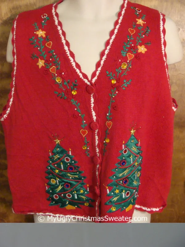 Christmas Night Cheap Red Christmas Sweater Vest with Awful Trees
