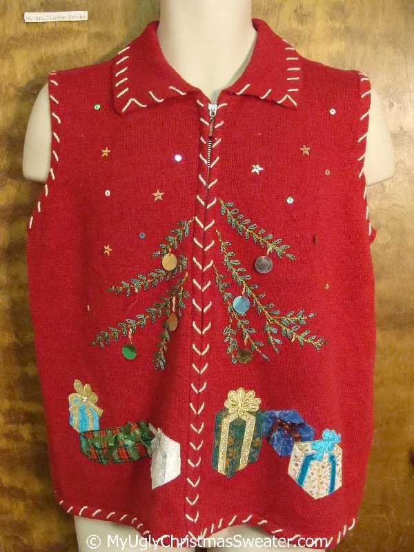 Christmas Snowflakes Cheap Red Christmas Sweater Vest with Tree and Gifts