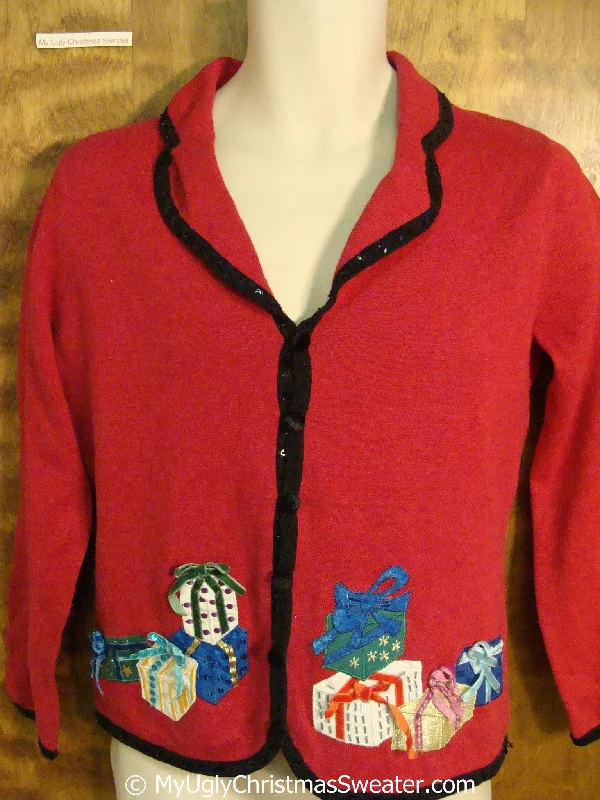 Christmas Gift Wrapping Fun Cheap Red Ugly Christmas Sweater with Gifts