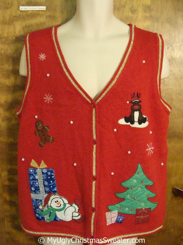 Christmas Mistletoe Cheap Red Xmas Vest with Reindeer, Snowman and Tree