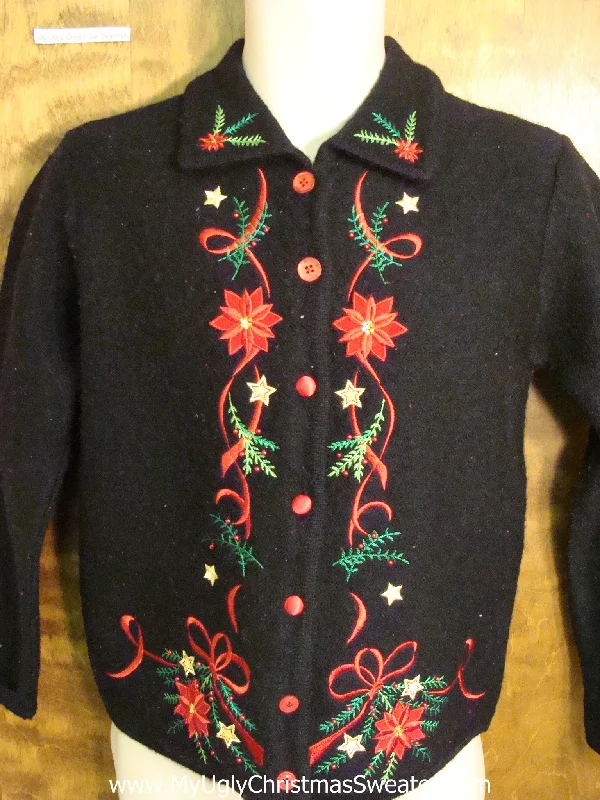 Christmas Snowy Mountains Cheap Ugly Christmas Jumper with Poinsettias