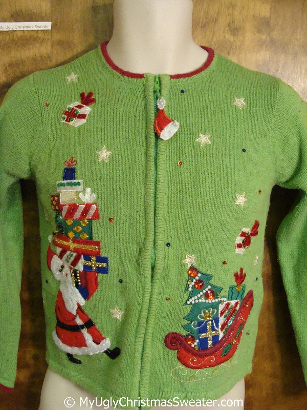 Christmas Winter Night Sky Child Green Ugly Christmas Sweater with Santa