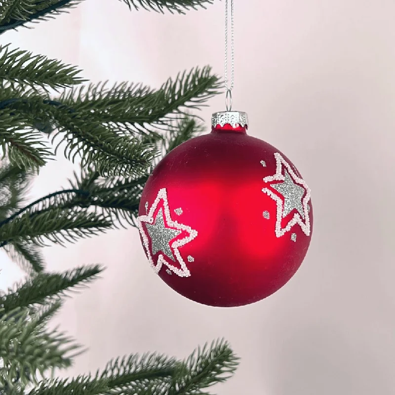 Holiday Season Matte Red Glass Ball Ornament with Stars