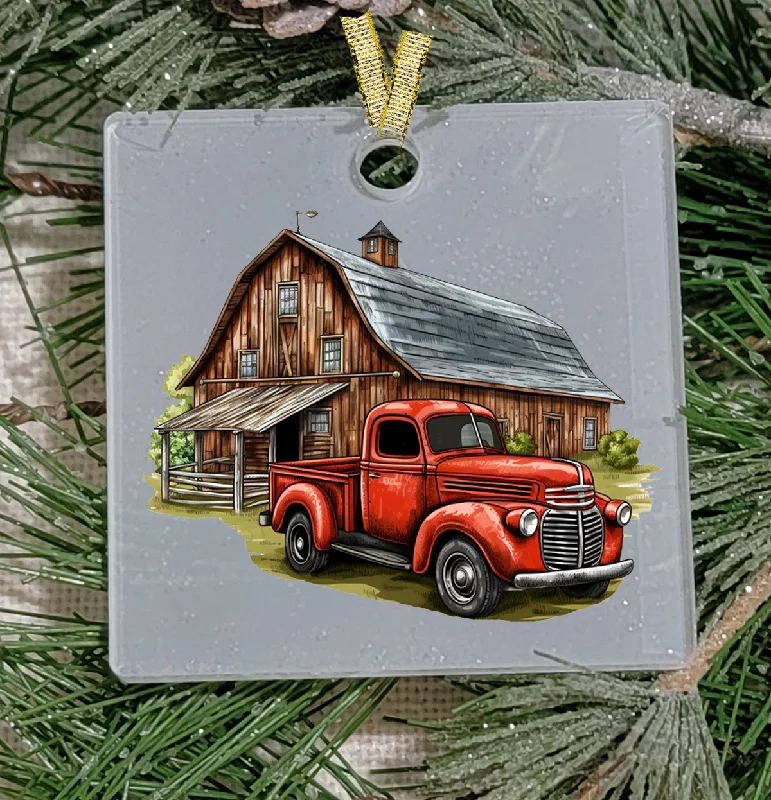 Christmas Stocking Stuffers Christmas Ornament, Country, Red truck and barn, Frosted Acrylic, name drop available Christmas Stocking Stuffers Christmas Ornament, Country, Red truck and barn, Frosted Acrylic, name drop available