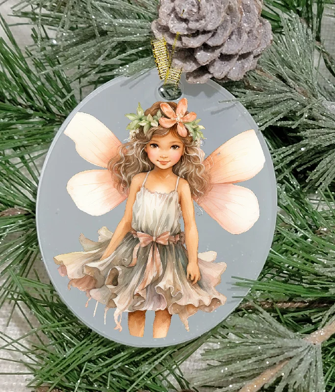 Christmas Festive Santa Hats Christmas Ornament, Fairy, Blonde Hair Fairy, Frosted Acrylic, Oval, name drop available