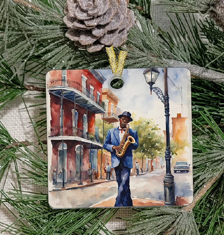 Holiday Cheer Christmas Ornament, Louisiana, Frosted Acrylic, Jazz sax player