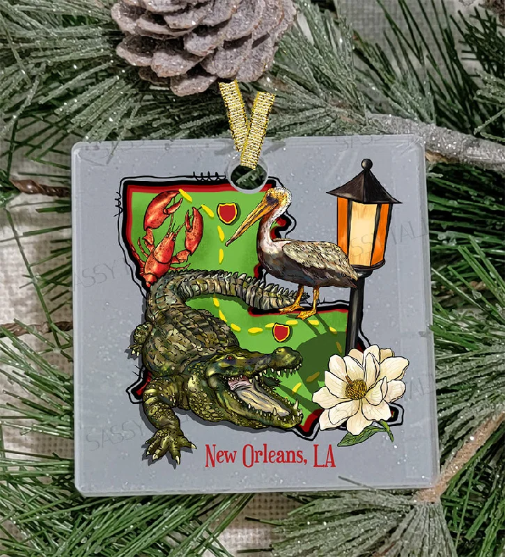 Christmas Decor Christmas Ornament, Louisiana, Frosted Acrylic, Louisiana state icons , can name drop