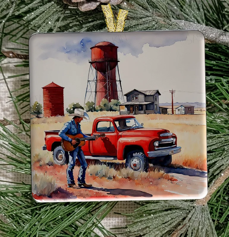 Christmas Night Christmas Ornament, Country, Red truck with water tower, Frosted Acrylic, name drop available Christmas Night Christmas Ornament, Country, Red truck with water tower, Frosted Acrylic, name drop available