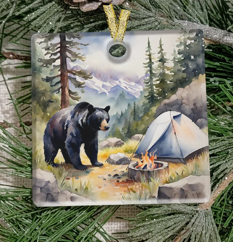 Christmas Snowflake Magic Christmas Ornament, Camping, Black Bear Camping, Frosted Acrylic, Square, name drop available