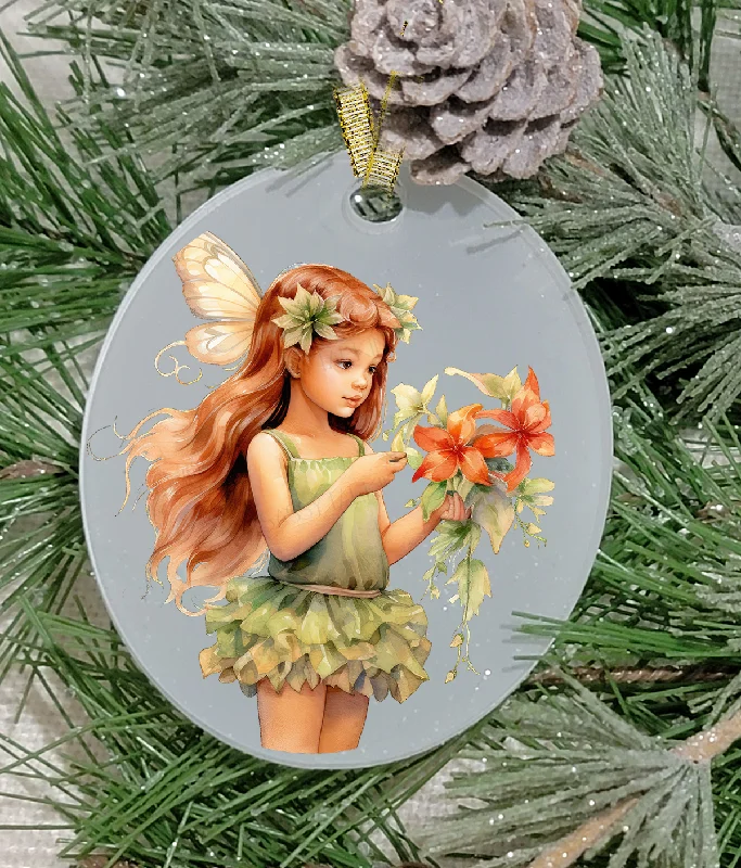 Christmas Cozy Indoor Nights Christmas Ornament, Fairy, Red Hair Fairy, Frosted Acrylic, Oval, name drop available