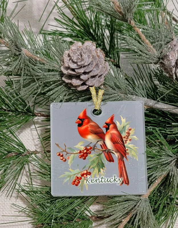 Christmas Peaceful Holiday Mornings Christmas Ornament, Bird, Cardinals, Frosted Acrylic, name drop available