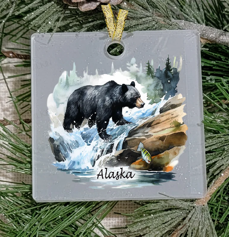 Christmas Jolly Festivities Christmas Ornament, Black Bear fish, Frosted Acrylic, Square, name drop available