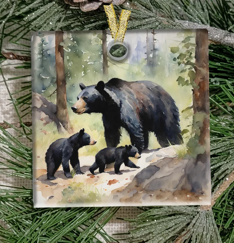 Christmas Peaceful Holiday Nights Christmas Ornament, Black Bear with cubs, Frosted Acrylic, Square, name drop available