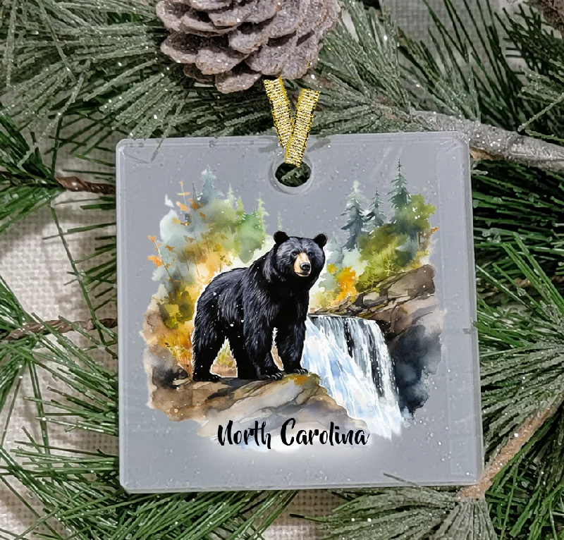 Christmas Starry Outdoor Lights Christmas Ornament, Black Bear waterfall, Frosted Acrylic, Square, name drop available