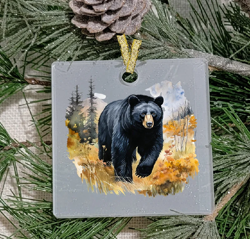 Christmas Magical Holiday Atmosphere Christmas Ornament, Black Bear in grass, Frosted Acrylic, Square, name drop available