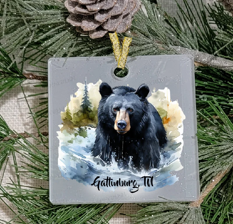 Christmas Gift Packing Station Christmas Ornament, Black Bear in water, Frosted Acrylic, Square, name drop available