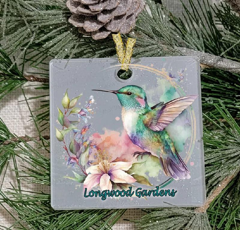 Christmas Glittering Snowy Roofs Christmas Ornament, Bird, Hummingbird, Frosted Acrylic, Square, name drop available