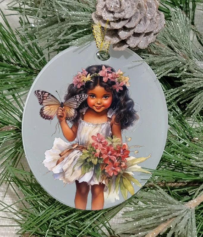 Christmas Twinkling Star Lights Christmas Ornament, Fairy, Black Hair Fairy, Frosted Acrylic, Oval, name drop available