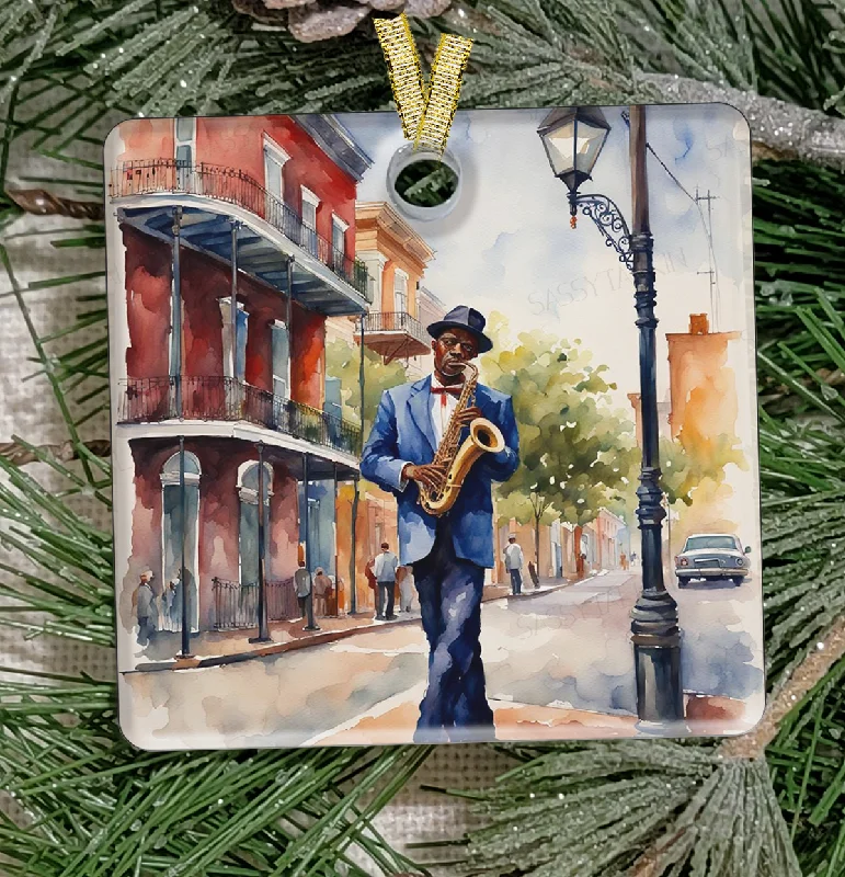 Christmas Eve Christmas Ornament, New Orleans, Frosted Acrylic, Jazz Player
