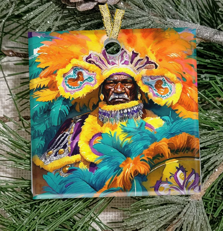 Santa Claus Christmas Ornament, New Orleans, Frosted Acrylic, Yellow Mardi Gras Indian Santa Claus Christmas Ornament, New Orleans, Frosted Acrylic, Yellow Mardi Gras Indian