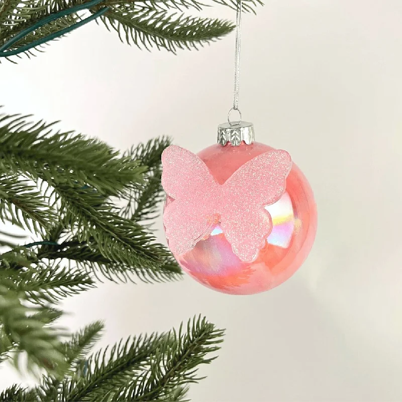 Snowy Christmas Pink Ball Ornament with Butterfly