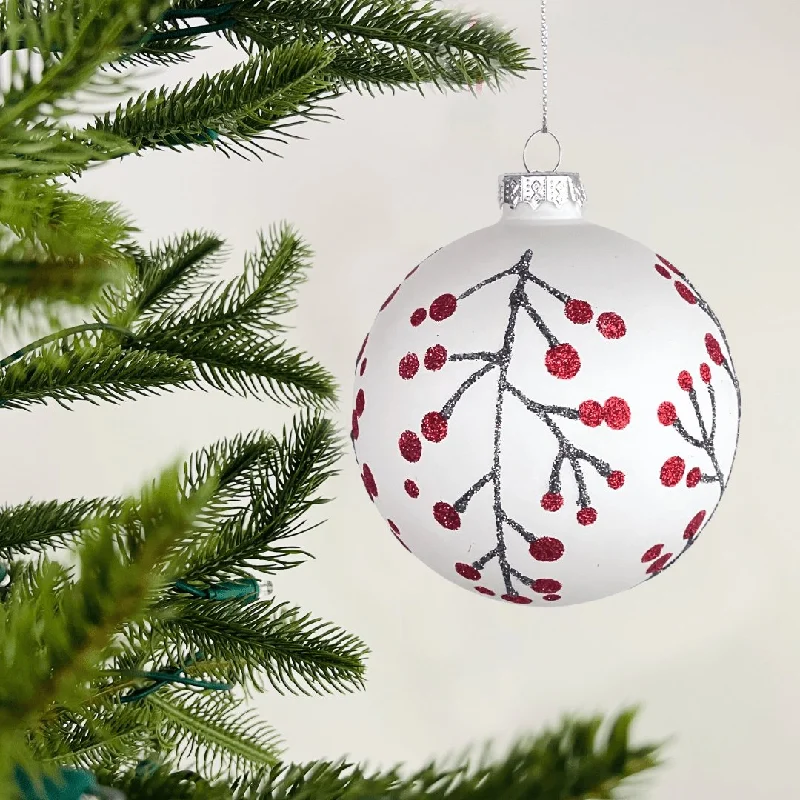 Christmas Mistletoe Matte White Ball Ornament with Red Winterberries