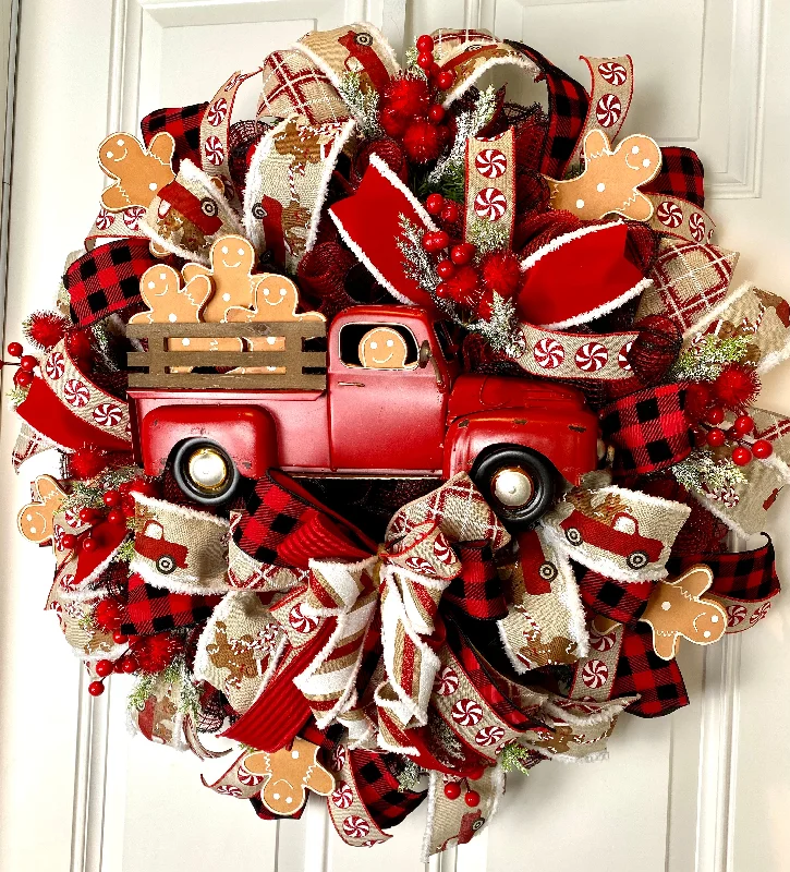 Christmas Day Red Truck Gingerbread Wreath, Rustic Christmas Decor, Front Porch Decoration Christmas Day Red Truck Gingerbread Wreath, Rustic Christmas Decor, Front Porch Decoration