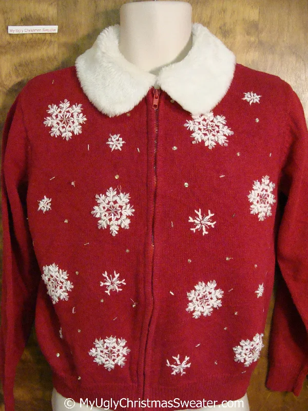 Christmas Twinkling Festive Lights Classic Red Ugly Christmas Sweater with Snowflakes