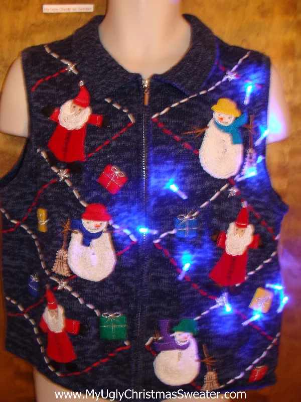 Christmas Shopping Colorful Santa and Snowmen Light Up Ugly Xmas Sweater Vest
