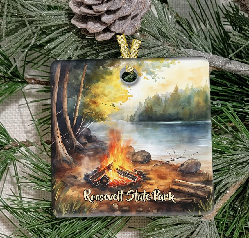 Christmas Holly Jolly Moments Christmas Ornament, Camping, Campfire, Frosted Acrylic, Square, name drop available