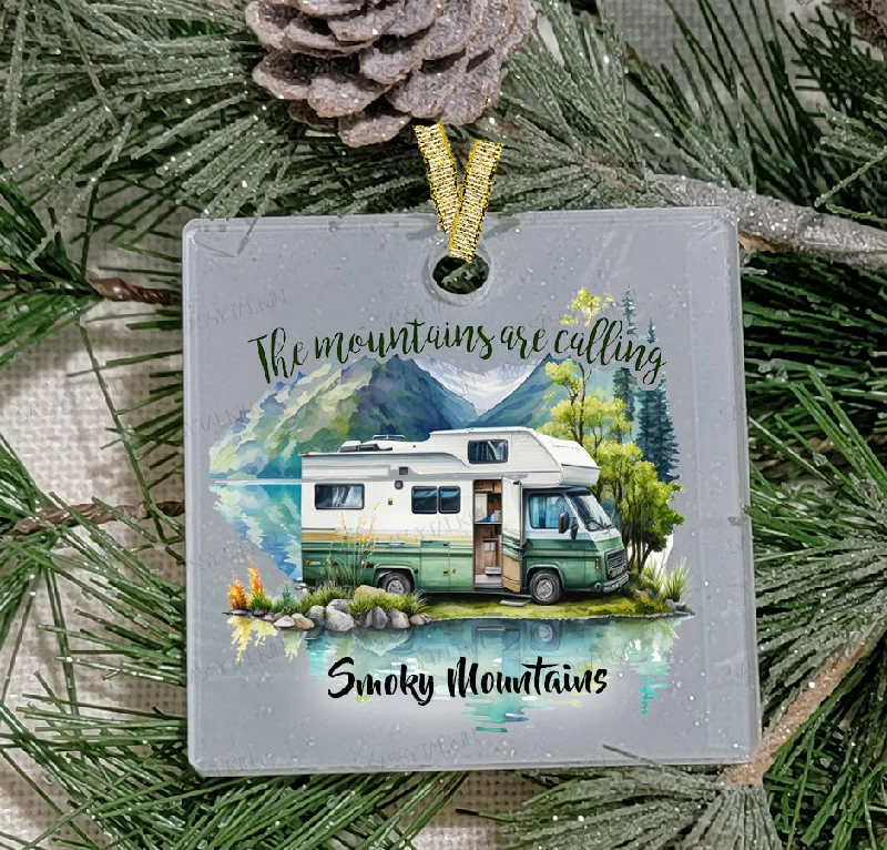 Christmas Enchanting Celebrations Christmas Ornament, Camping, The Mountains are calling , Frosted Acrylic, Square, name drop available