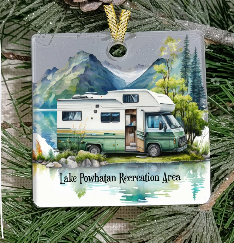Christmas Cheerful Holiday Atmosphere Christmas Ornament, Camping, Class C Mountains, Frosted Acrylic, Square, name drop available
