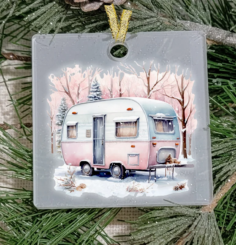 Christmas Cozy Warm Blankets Christmas Ornament, Camping, Pink Camper in the snow , Frosted Acrylic, Square, name drop available