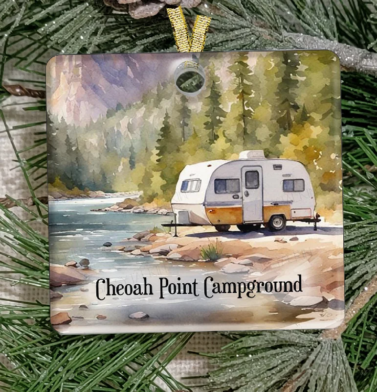 Christmas Festive Night Lights Christmas Ornament, Camping, Retro Camper by the river , Frosted Acrylic, Square, name drop available