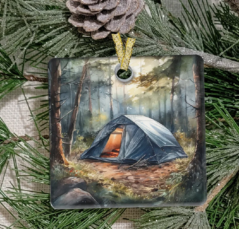 Christmas Homemade Gingerbread Christmas Ornament, Camping, Blue Tent , Frosted Acrylic, Square, name drop available