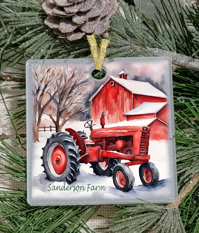Christmas Pinecones Christmas Ornament, Country, Red tractor , Frosted Acrylic, name drop available Christmas Pinecones Christmas Ornament, Country, Red tractor , Frosted Acrylic, name drop available