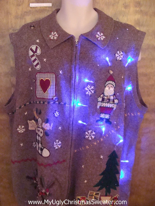 Christmas Joy Crafty Brown Horrible Light Up Ugly Xmas Sweater Vest