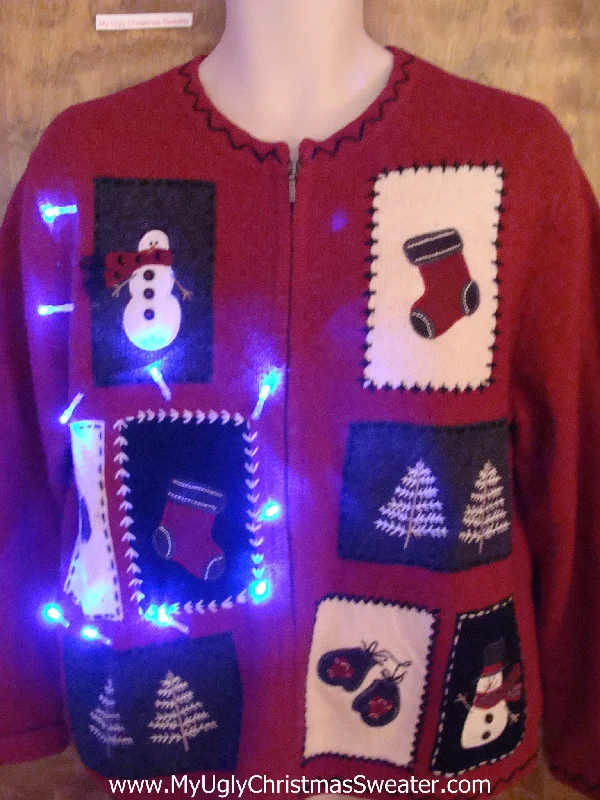 Christmas Twinkling Star Lights Crafty Patchwork Snowman Light Up Ugly Xmas Sweater